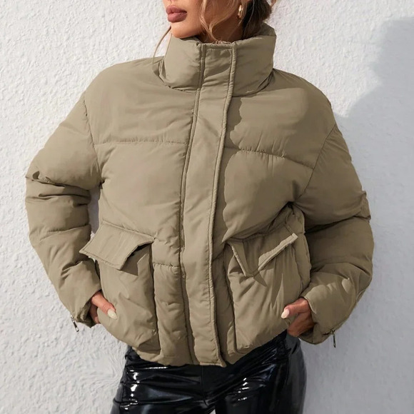 Khaki Casual Women's Loose Stand Collar Padded Puffer Coat - Picture 6 of 6